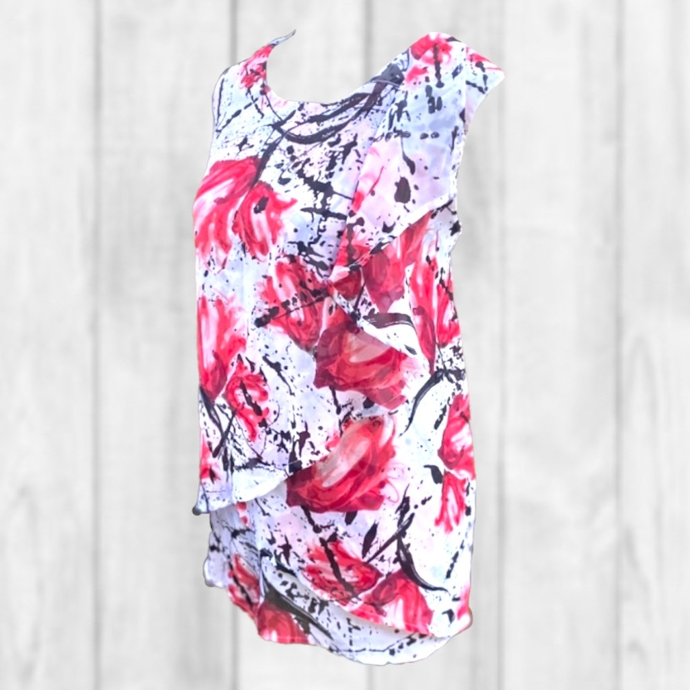 Sleeveless Red & Black Faux Wrap Abstract Floral Top (1X)